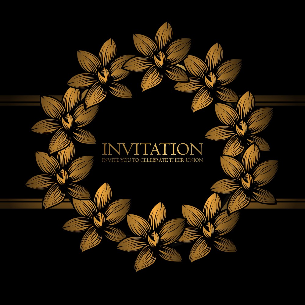 Invitation template with golden floral wreath