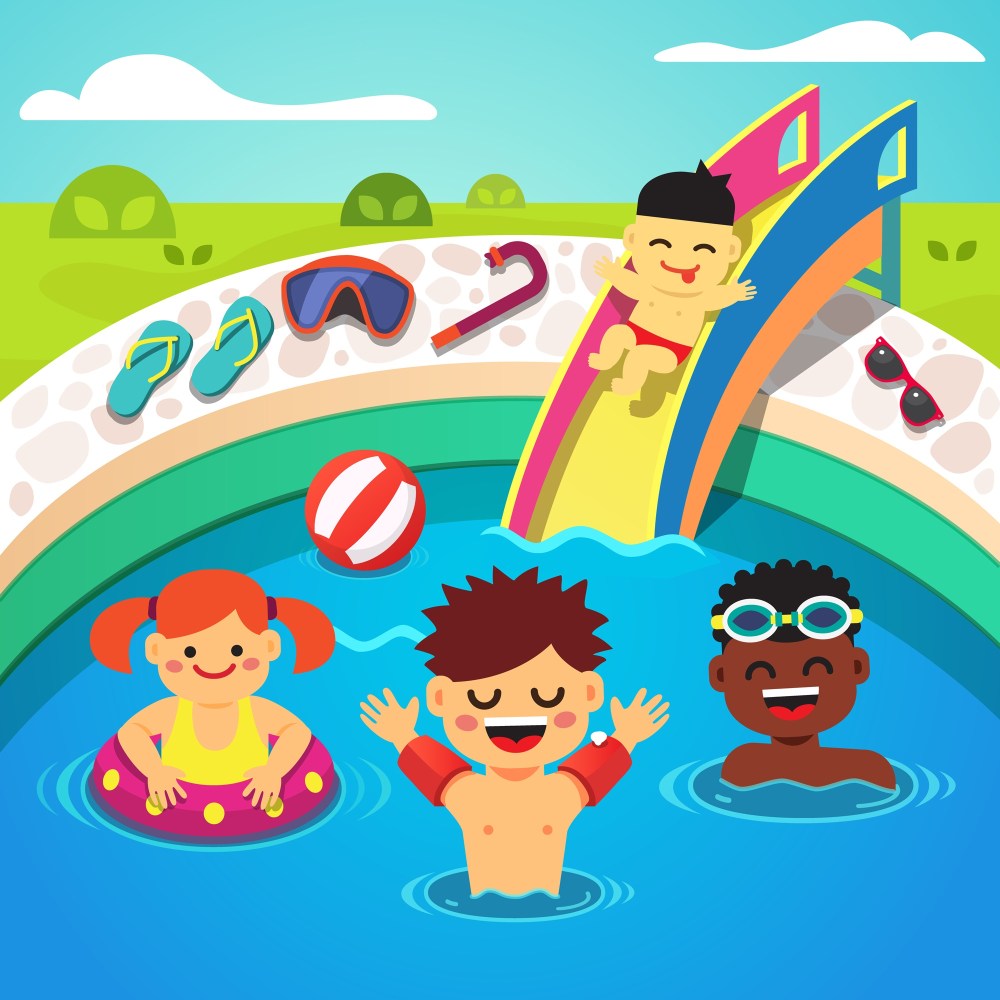 Kids having a pool party. Happy swimming