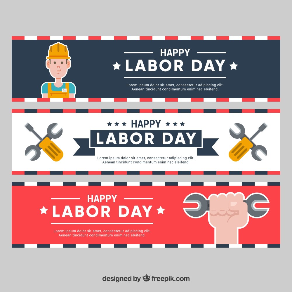 Labor day banners with tools and worker