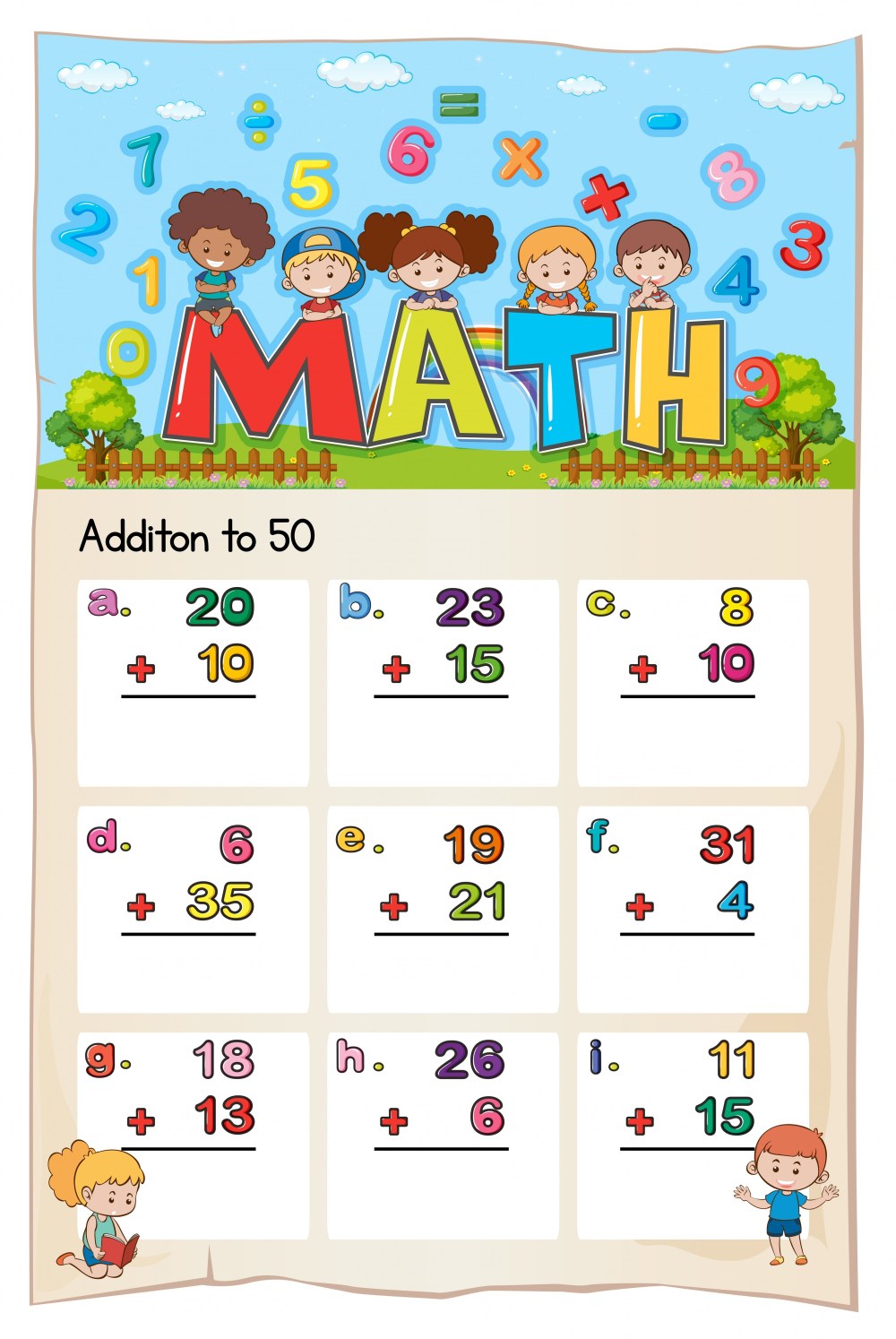 Math worksheet template for addition to fifty