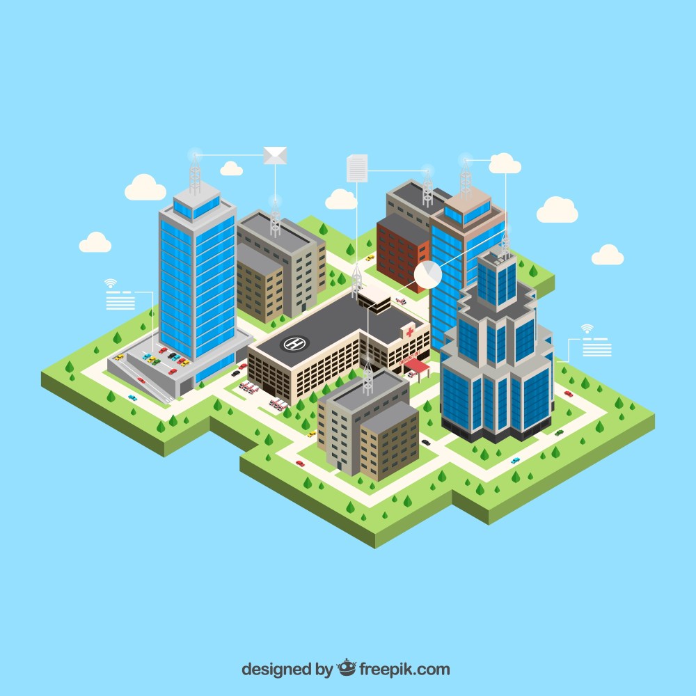 Modern city with isometric buildings