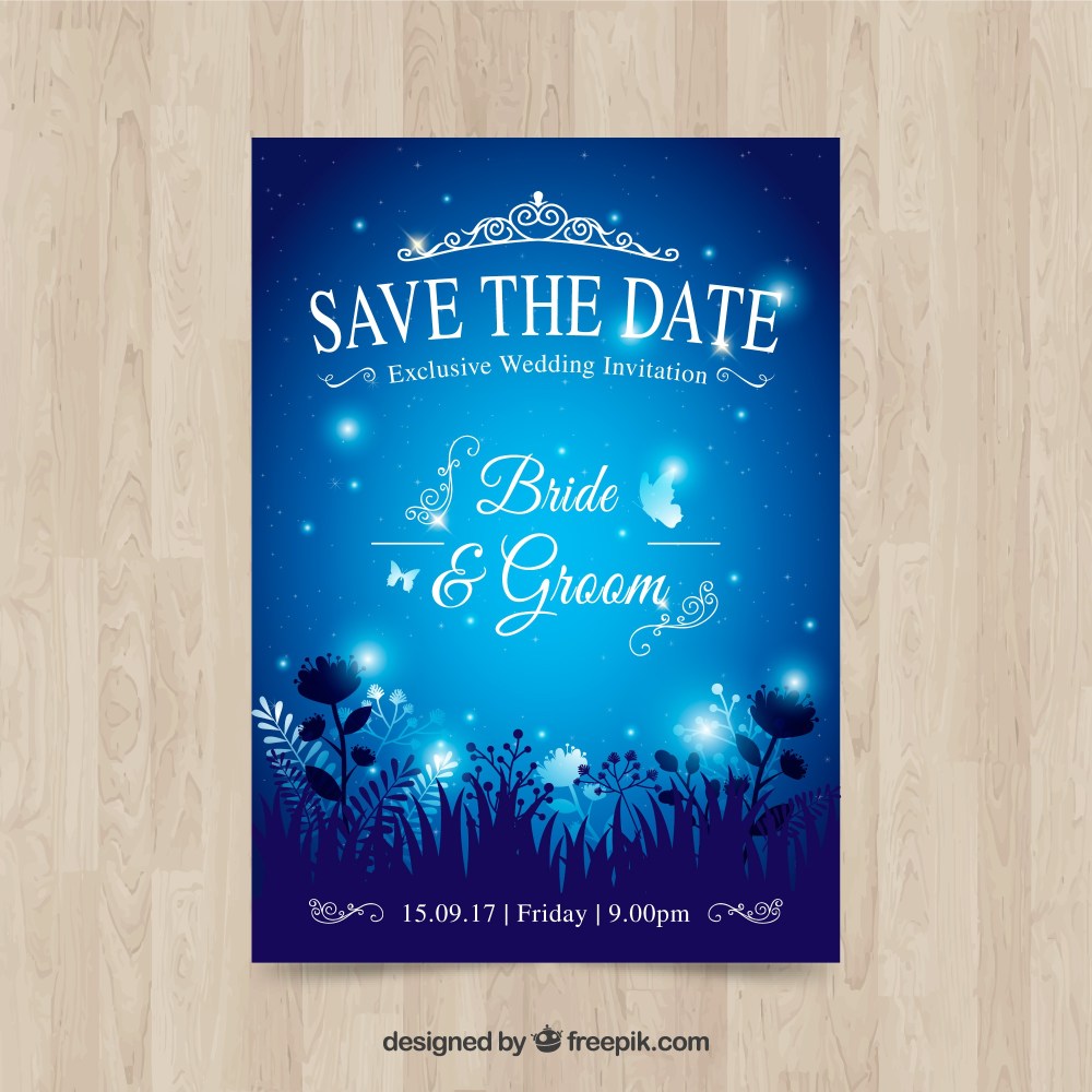 Modern wedding card with flowers and night
