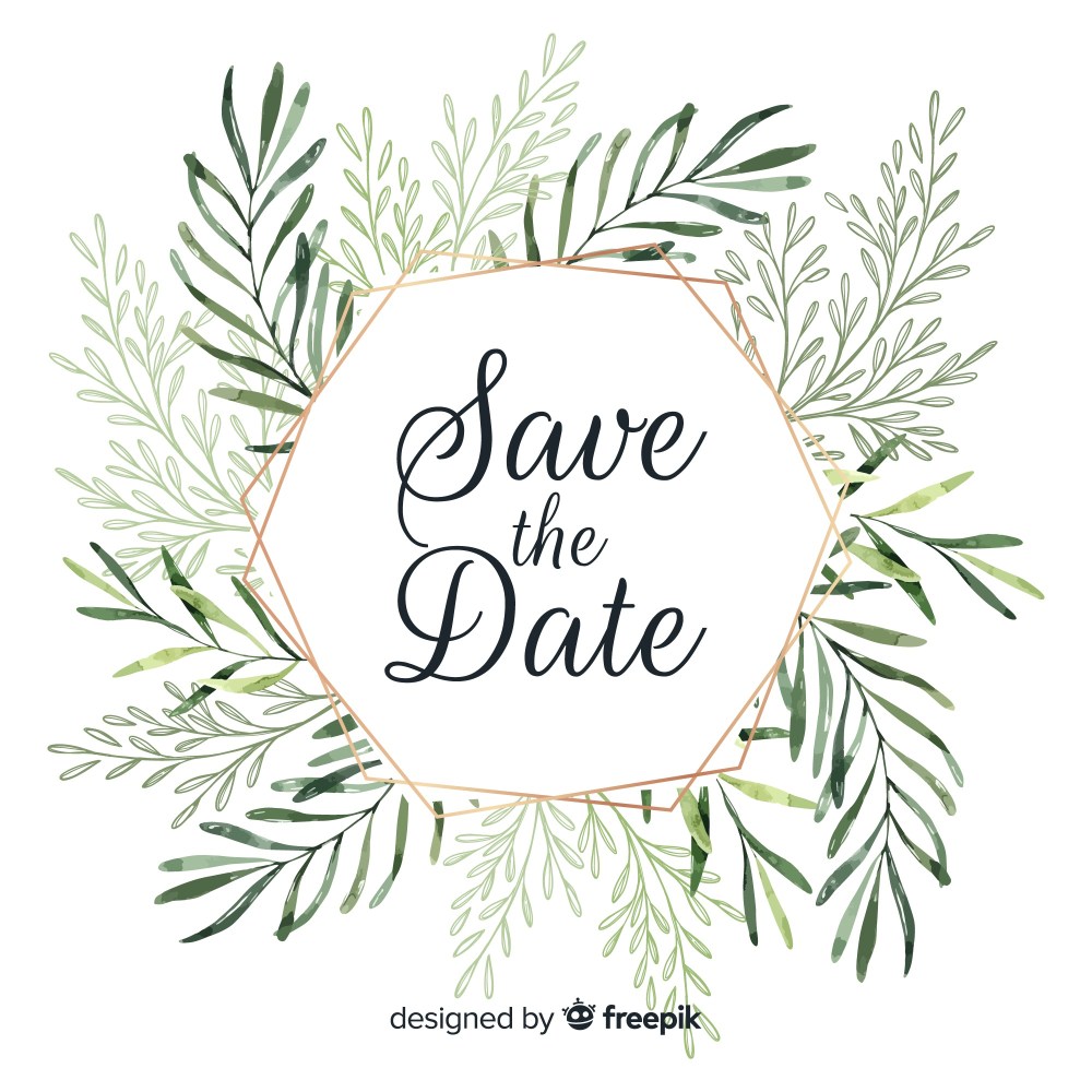 Modern wedding card with watercolor leaves
