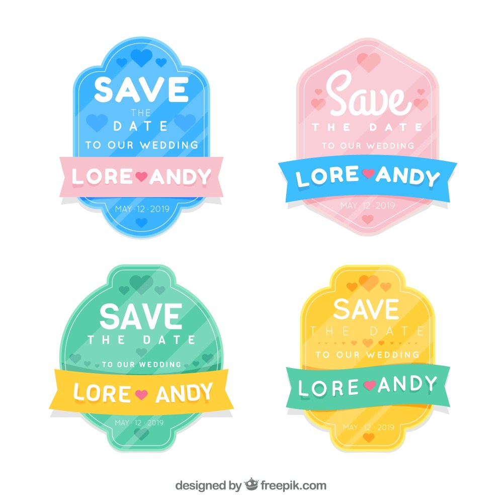 Pack of four colorful wedding labels