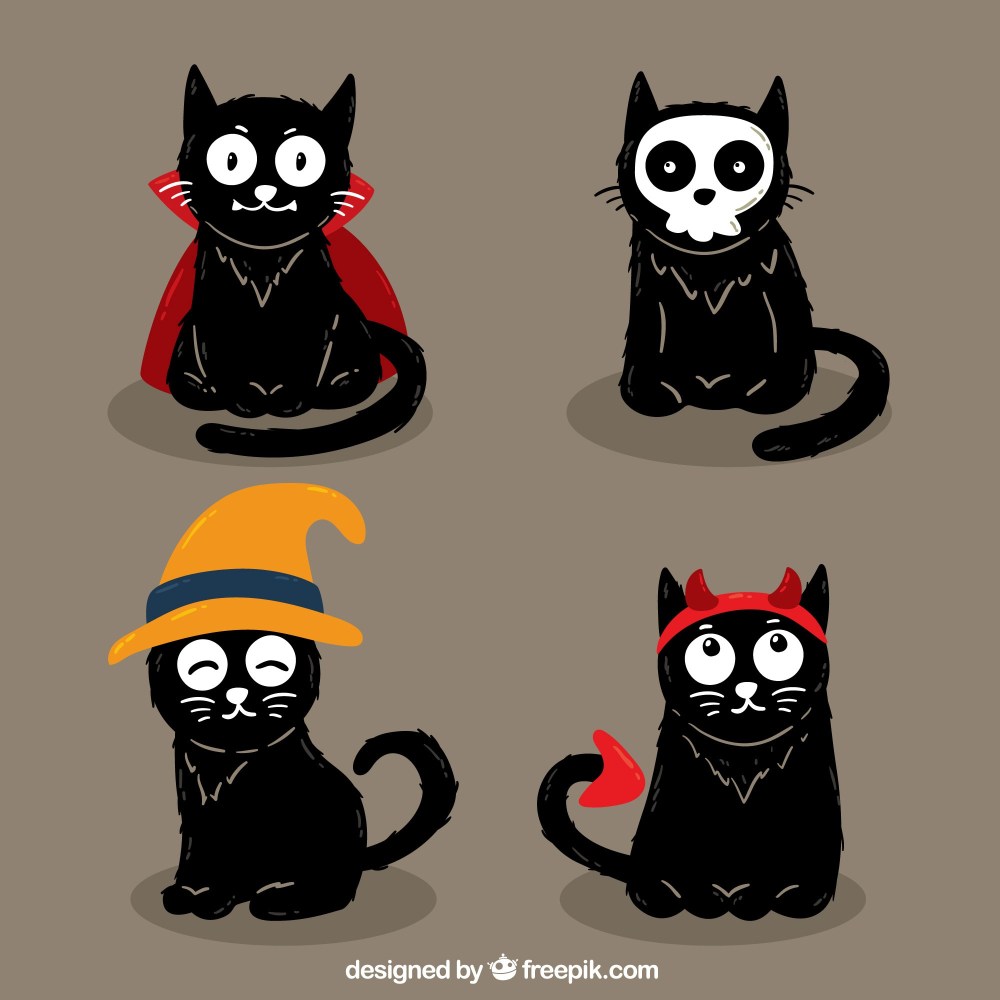Pack of four hand drawn black cats 