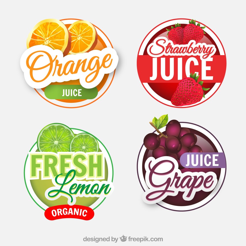 Pack of four realistic fruit juice labels