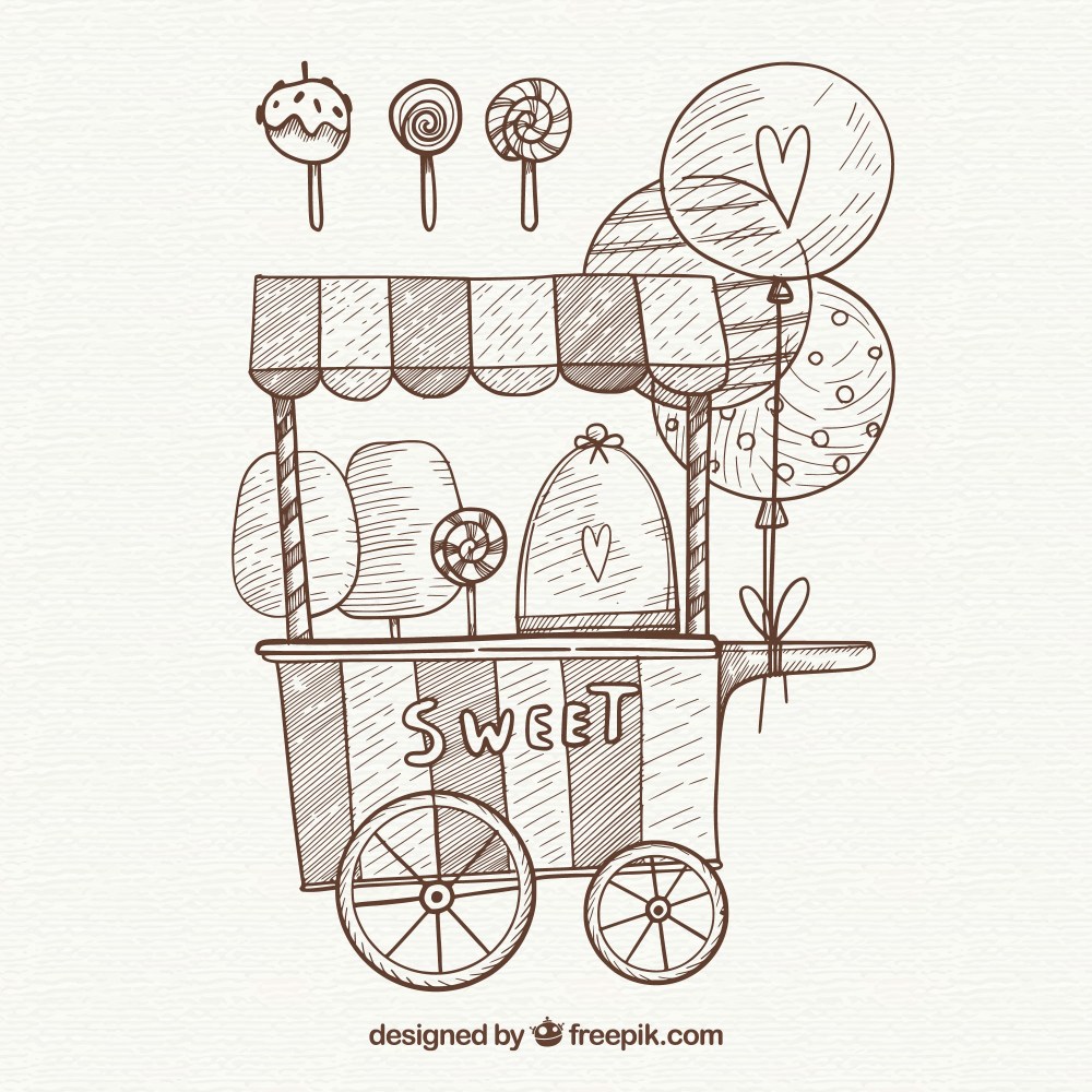 Pencil drawn cotton candy cart