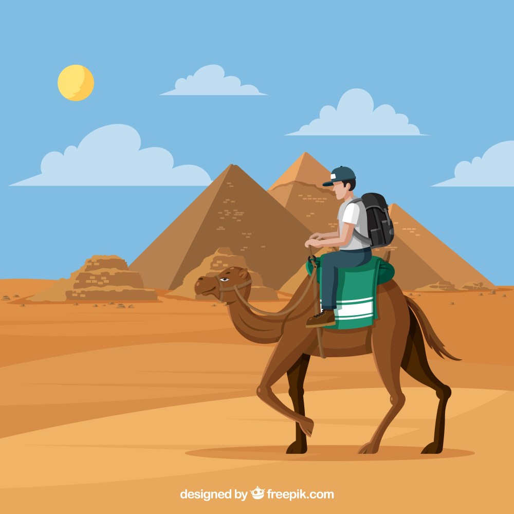 Pyramid landscape with caravan