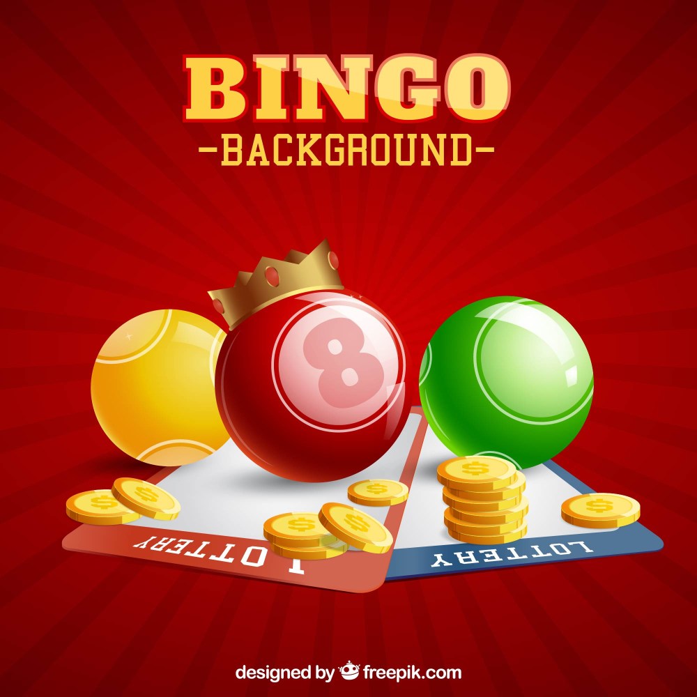 Red background with bingo balls and coins