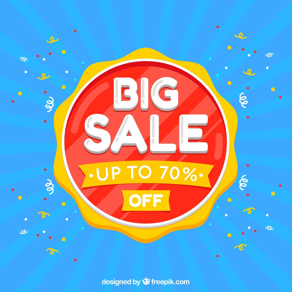 Sale badge and confetti with flat design
