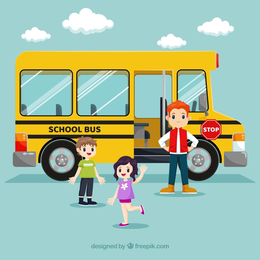 School bus and children with flat design
