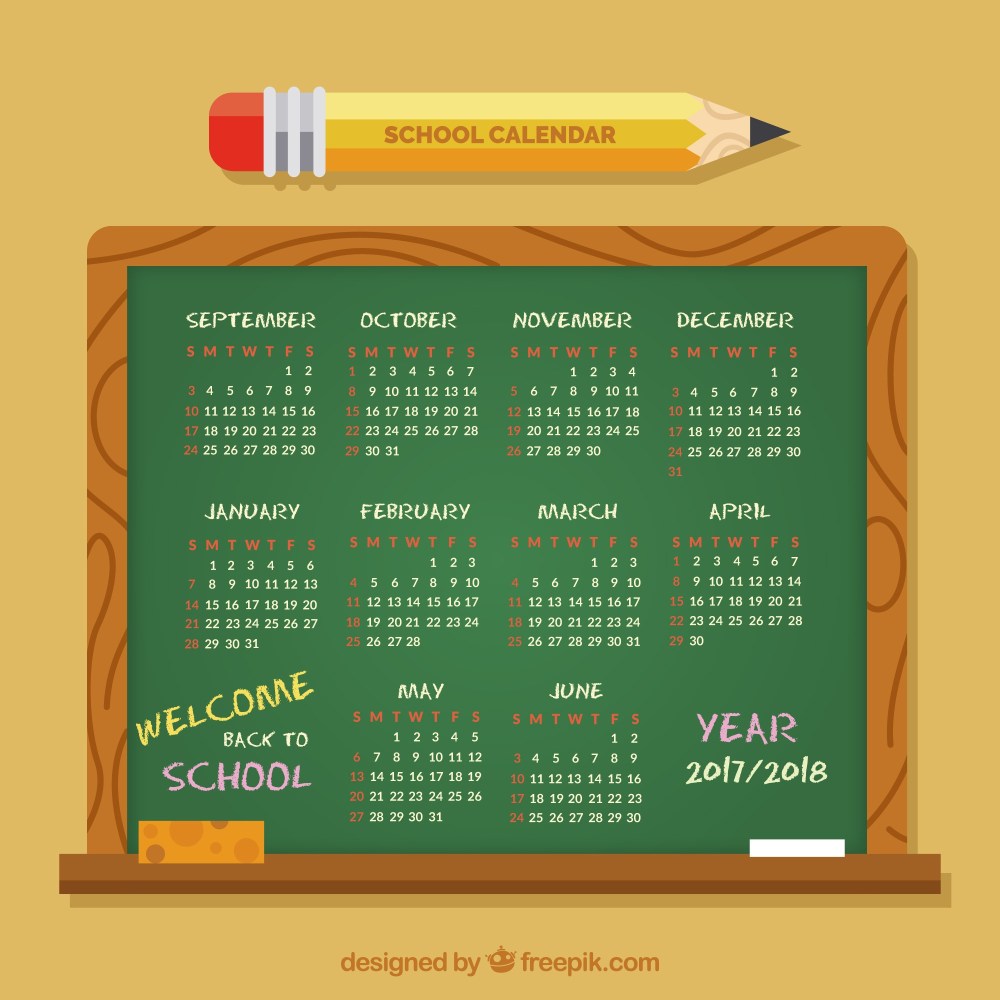School calendar on blackboard with pencil