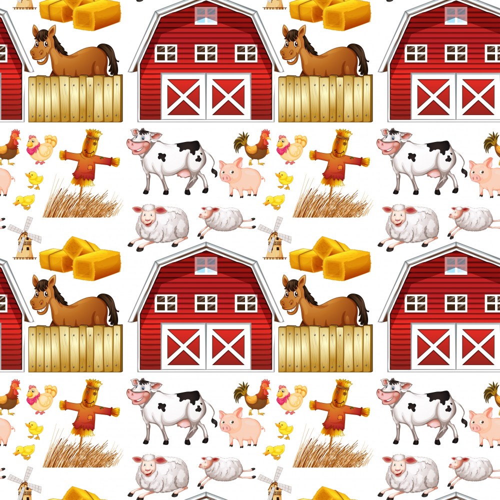 Seamless farm animals and red barn