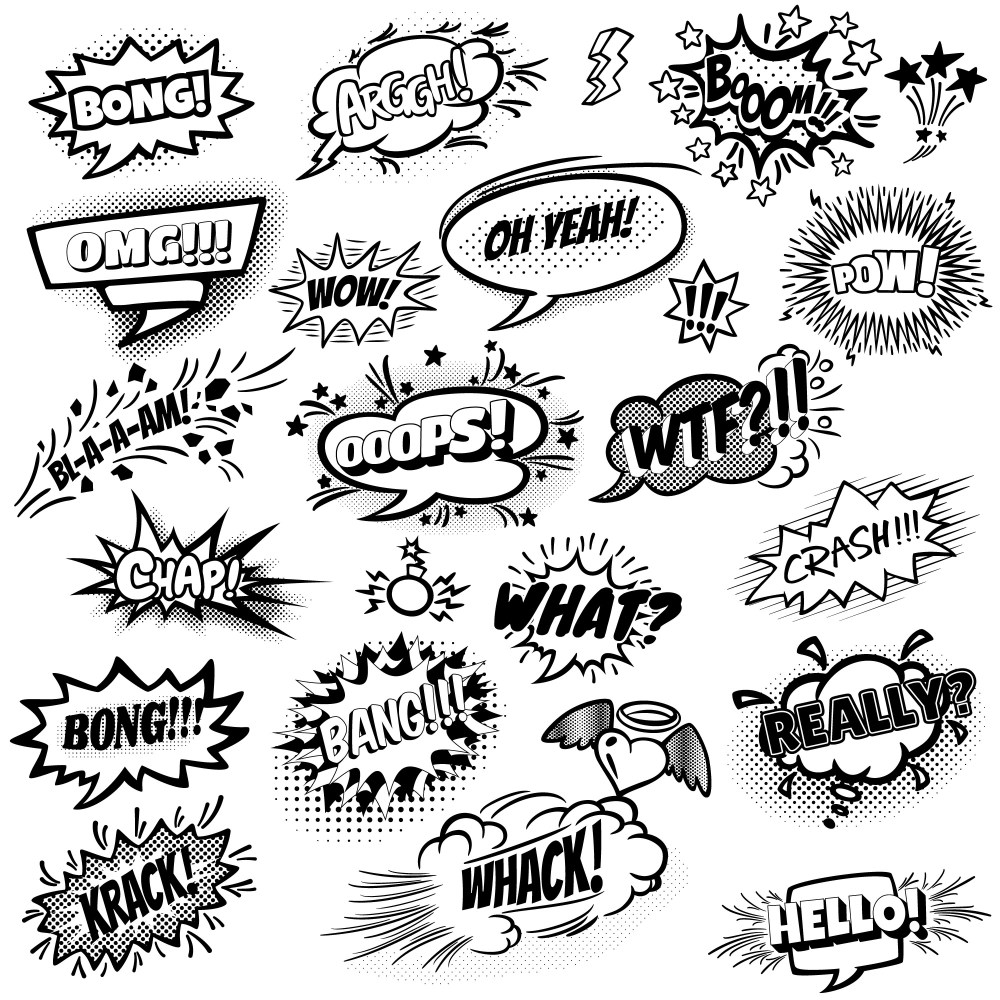 Set of black and white comic speech bubbles