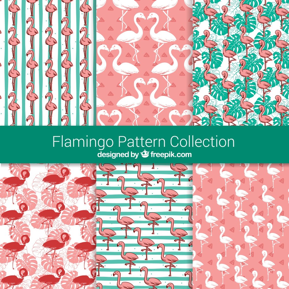Set of flamingos patterns with plants 
