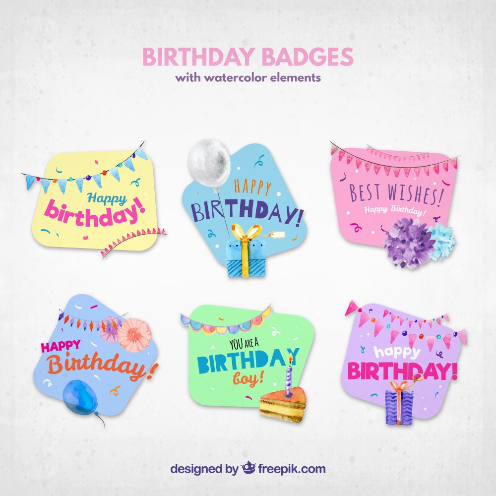 Set of watercolor birthday stickers