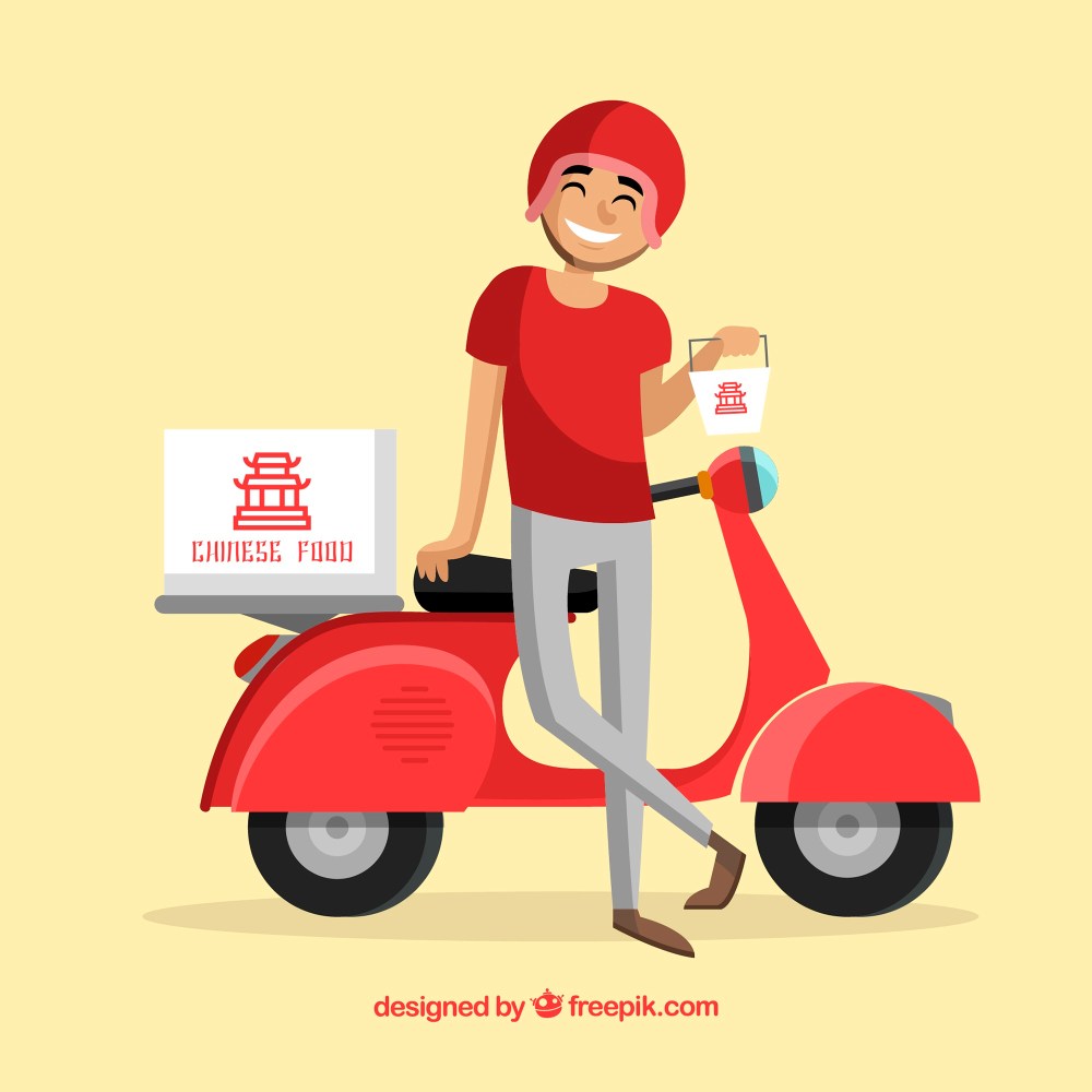 Smiley deliveryman with chinese food