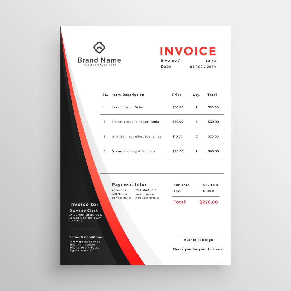 stylish red theme invoice template design