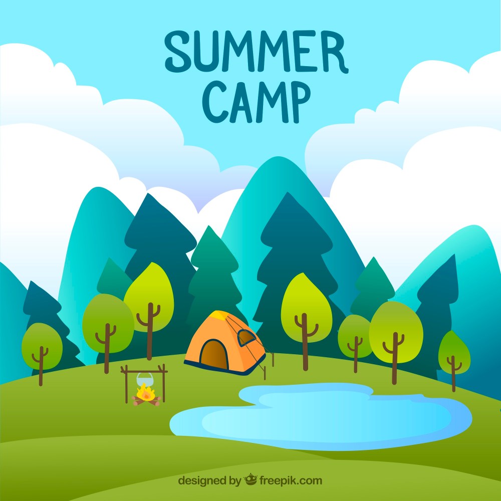 Summer camp background with tent and nature