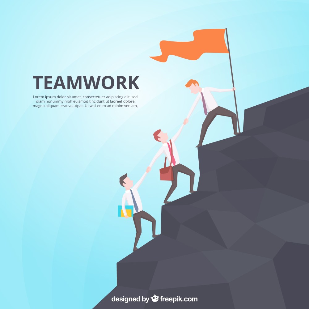 Teamwork concept with men climbing mountain