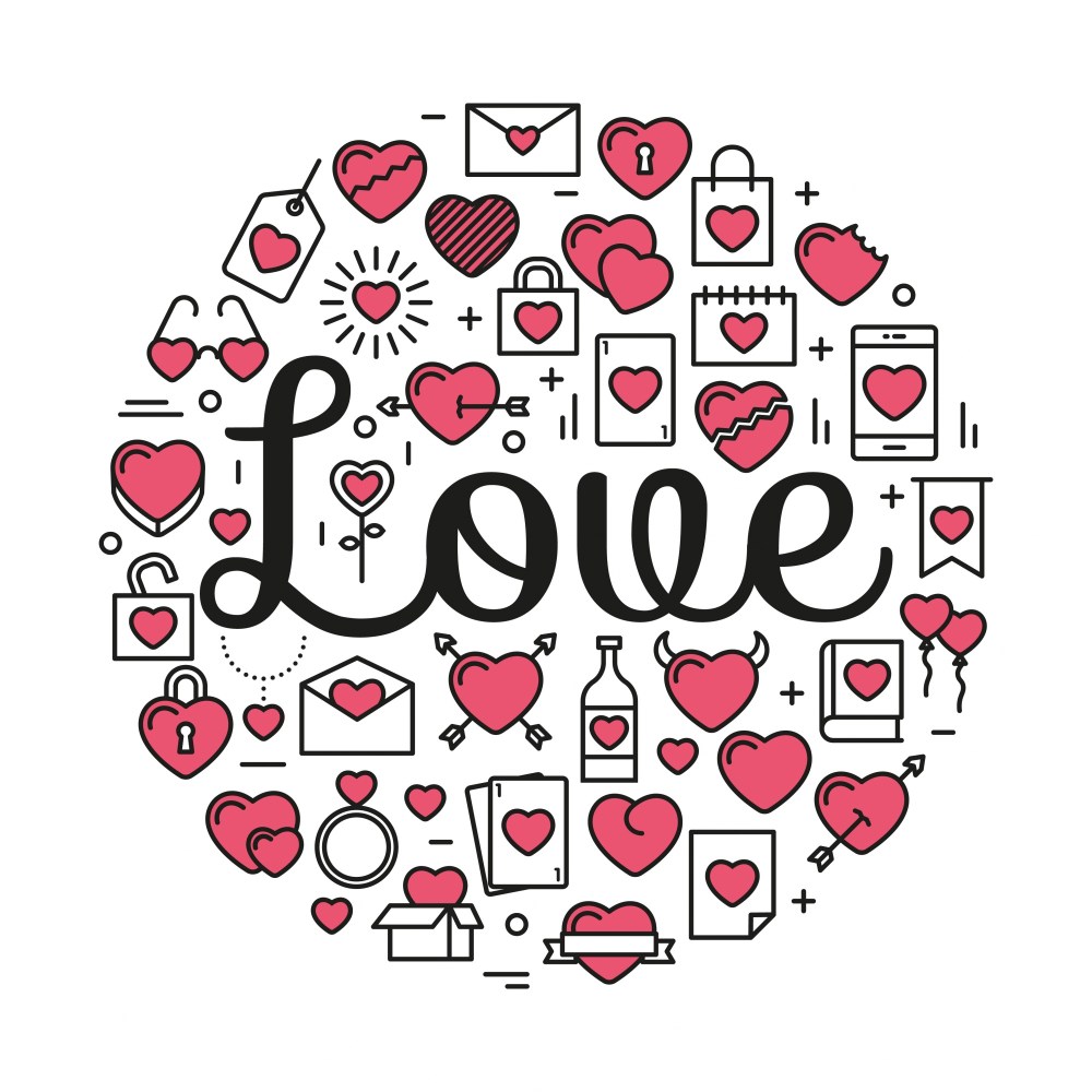 The word Love surrounded by icons and hearts