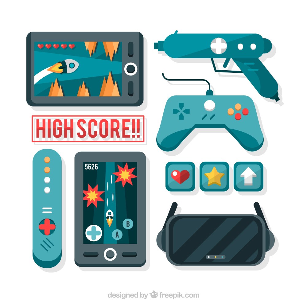 Video games and controllers in flat design 