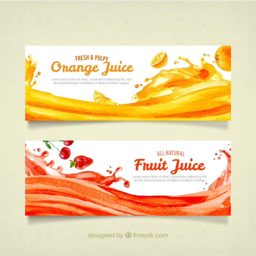 Watercolor banners of fruit juices