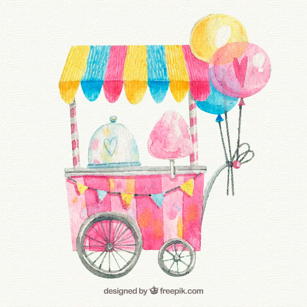 Watercolor cotton candy cart with balloons