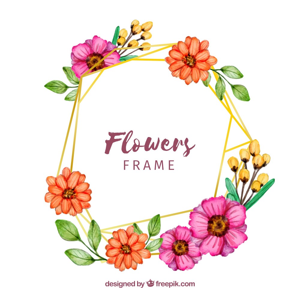 Watercolor floral frame with golden lines