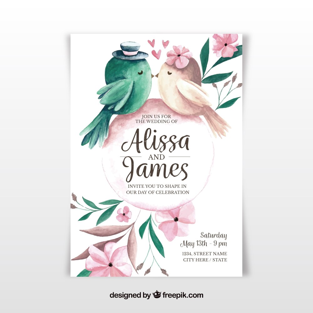 Watercolour wedding invitation with birds