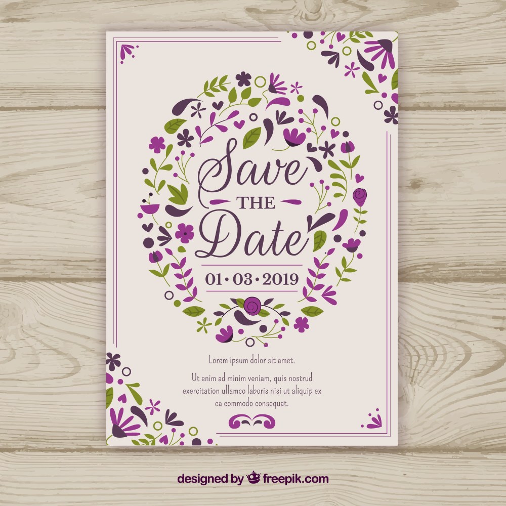 Wedding card template with flat flowers