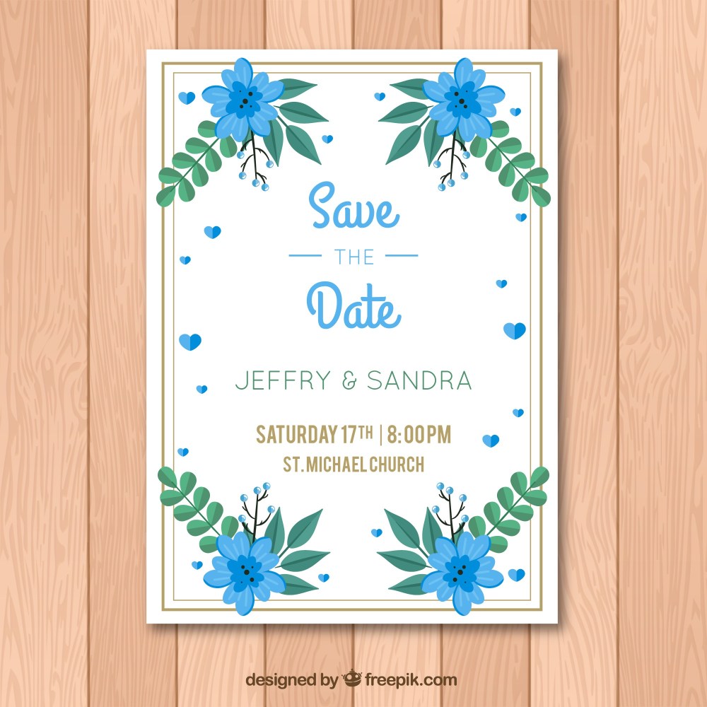 Wedding card with blue flowers