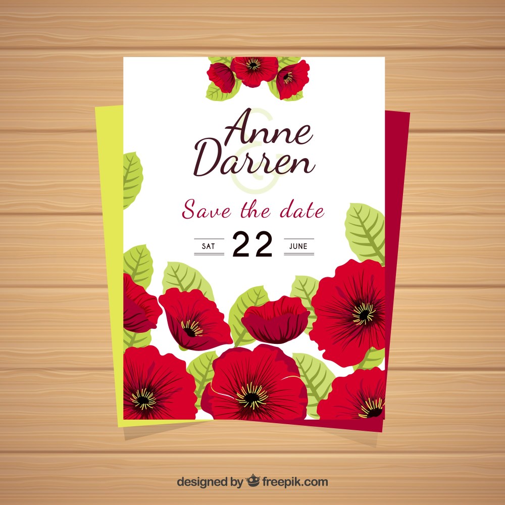 Wedding card with red flowers