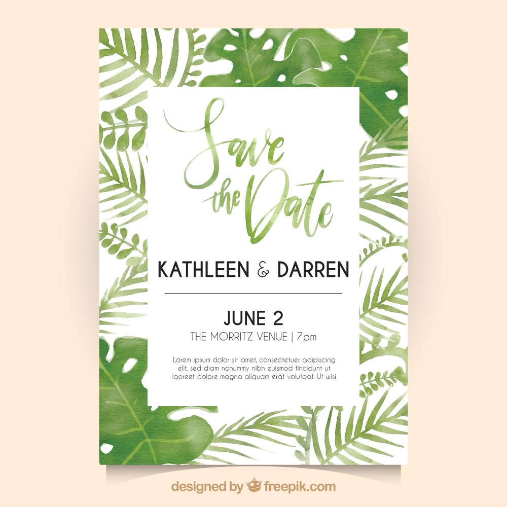 Wedding invitation with watercolor leaves