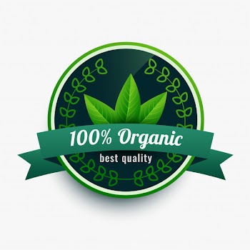 100% organic food label sticker with leaves Free Vector