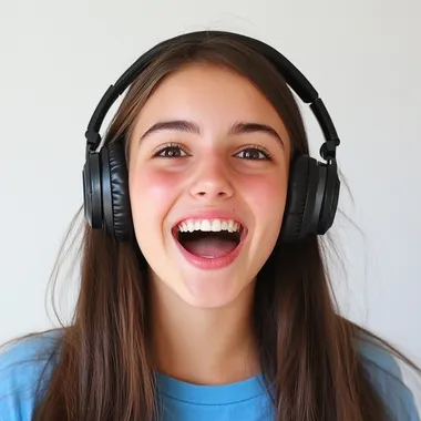 18-Year-Old Girl Smiling with Headphones, Enjoying Music in Studio 18-Year-Old Girl Smiling with Headphones, Enjoying Music in Studio