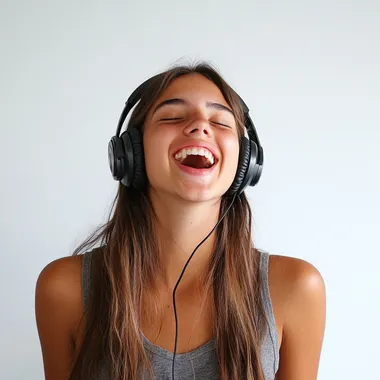 18-Year-Old Woman in Headphones Laughing Against White Background 18-Year-Old Woman in Headphones Laughing Against White Background