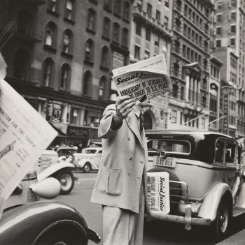 1939 - "Social Justice," founded by Father Coughlin, sold on important street corners and intersections. New York City.
Photographer - Dorothea Lange