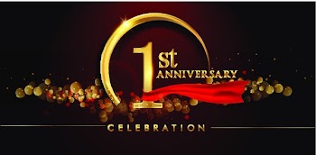 1st anniversary logo with golden ring, confetti and red ribbon isolated on elegant black background, sparkle, vector design for greeting card and invitation card