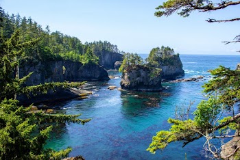 2 Green-and-gray Islet on Body of Water