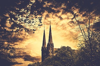 2 Spire Building and Trees Painting