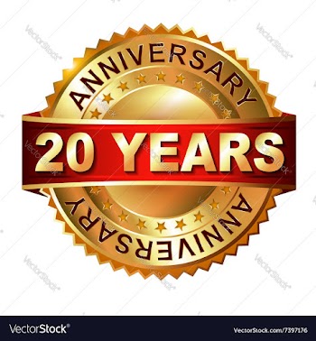 20 years anniversary golden label with ribbon vector image
