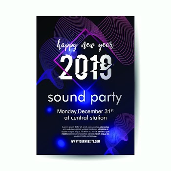 2019 new year music party poster template with neon glow