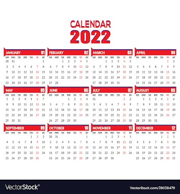 2022 year calendar isolated on white background ve