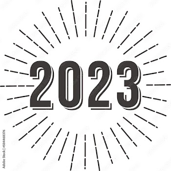 2023 シンプルなロゴ風の影付き文字と太陽フレーム 白黒