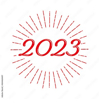 2023 シンプルなロゴ風の滑らか文字と太陽フレーム 赤色