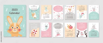 2023 vertical calendar design with cute rabbits chinese year symbol. 12 month, week start on monday. Page template size A3, A4, A5. Vector flat illustrtion, great for kids, nursery, poster, printable