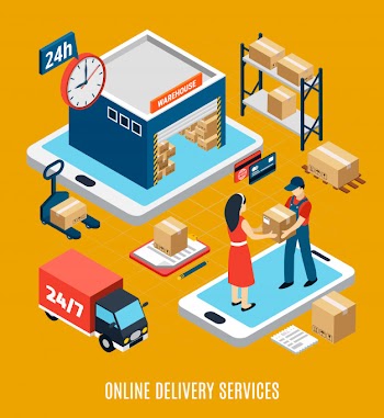 24 hours online delivery service worker truck and warehouse 3d illustration Free Vector