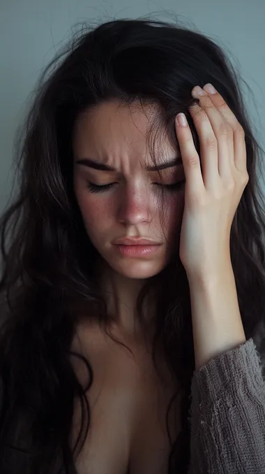 30-year-old brunette woman in living room holding head, eyes closed