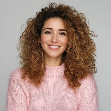 30-Year-Old European Woman with Curly Hair in Pink Sweater Smiling